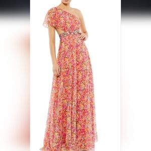 Mac Duggal Floral Print One Shoulder Butterfly Sleeve A Line Gown